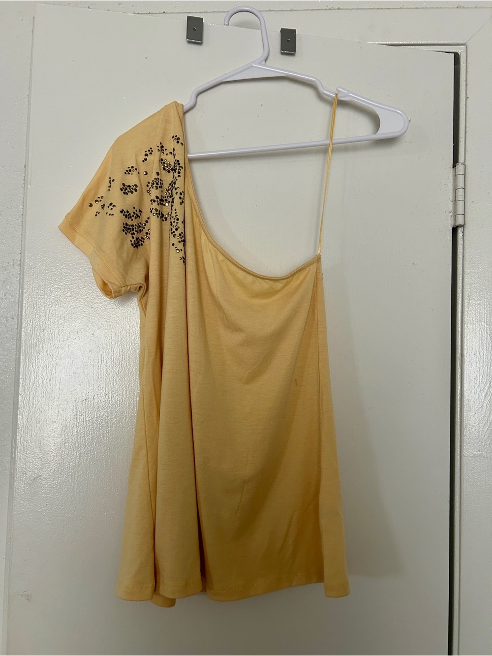 2000s Yellow One-Shoulder Womens Top with Embellished Sleeve